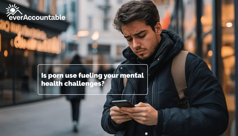 Young man scrolling phone on a street corner How much porn is an addiction - how porn affects mental health adult pornography accountability